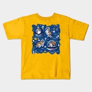 Intergalactic doggie dreams // spot illustration // classic blue background white and bronze English Bulldogs goldenrod yellow denim and pastel blue planets and space ships Kids T-Shirt